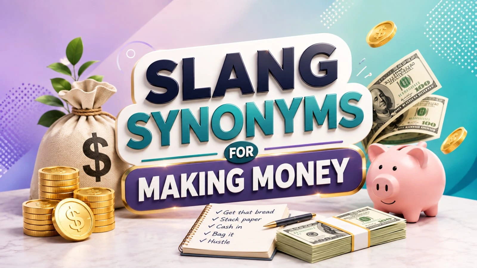 Slang synonyms for making money shown with cash, dollar bills, and modern financial symbols in a realistic 3D design.