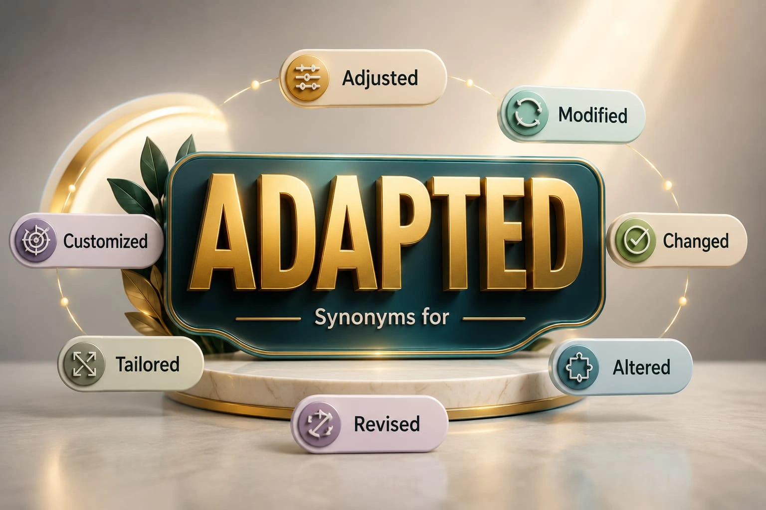 Synonyms for adapted displayed in a realistic 3D educational design, showing adjustment, transformation, and flexibility concepts.