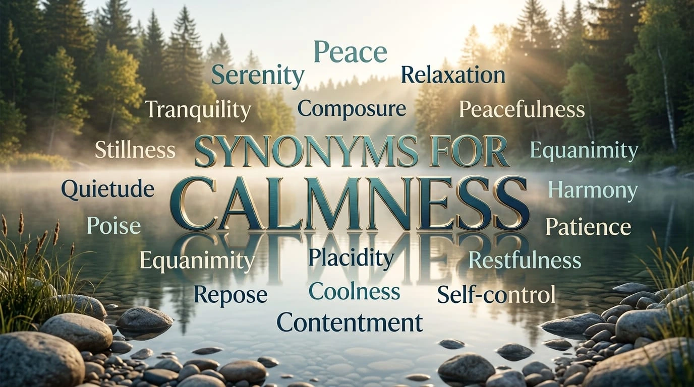 Synonyms for calmness featuring 22 peaceful alternatives such as serenity, tranquility, composure, poise, peace, and stillness.