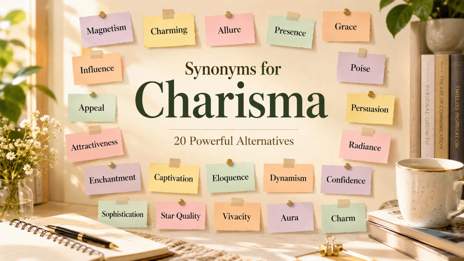 20 synonyms for charisma, including charm, magnetism, appeal, allure, presence, influence, and likability.