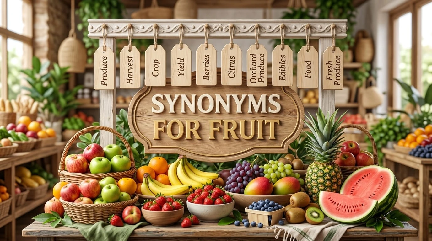 Synonyms for fruit with 20 related words, meanings, examples, fruit types, and useful vocabulary for English learners.