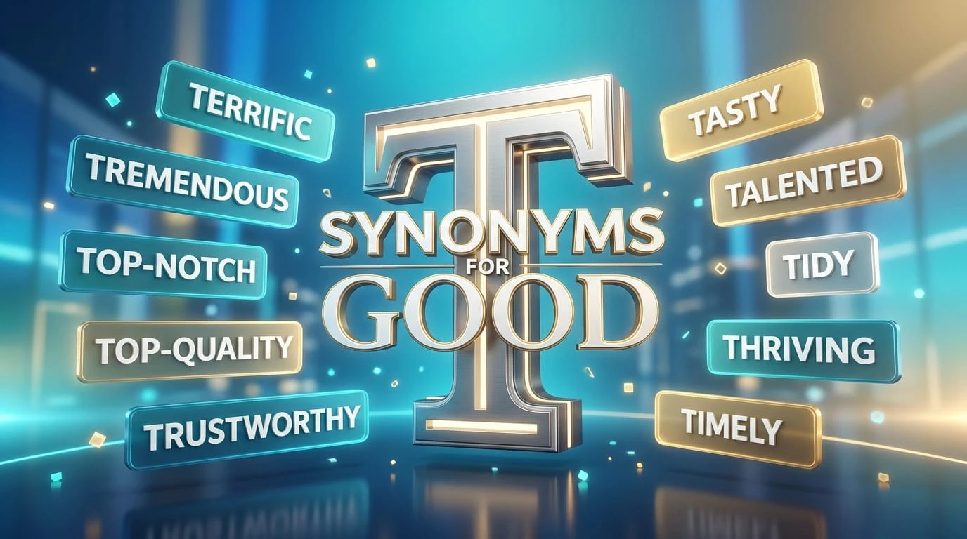 Synonyms for good that start with T, showing powerful T-words such as terrific, tremendous, talented, thoughtful, and trustworthy.