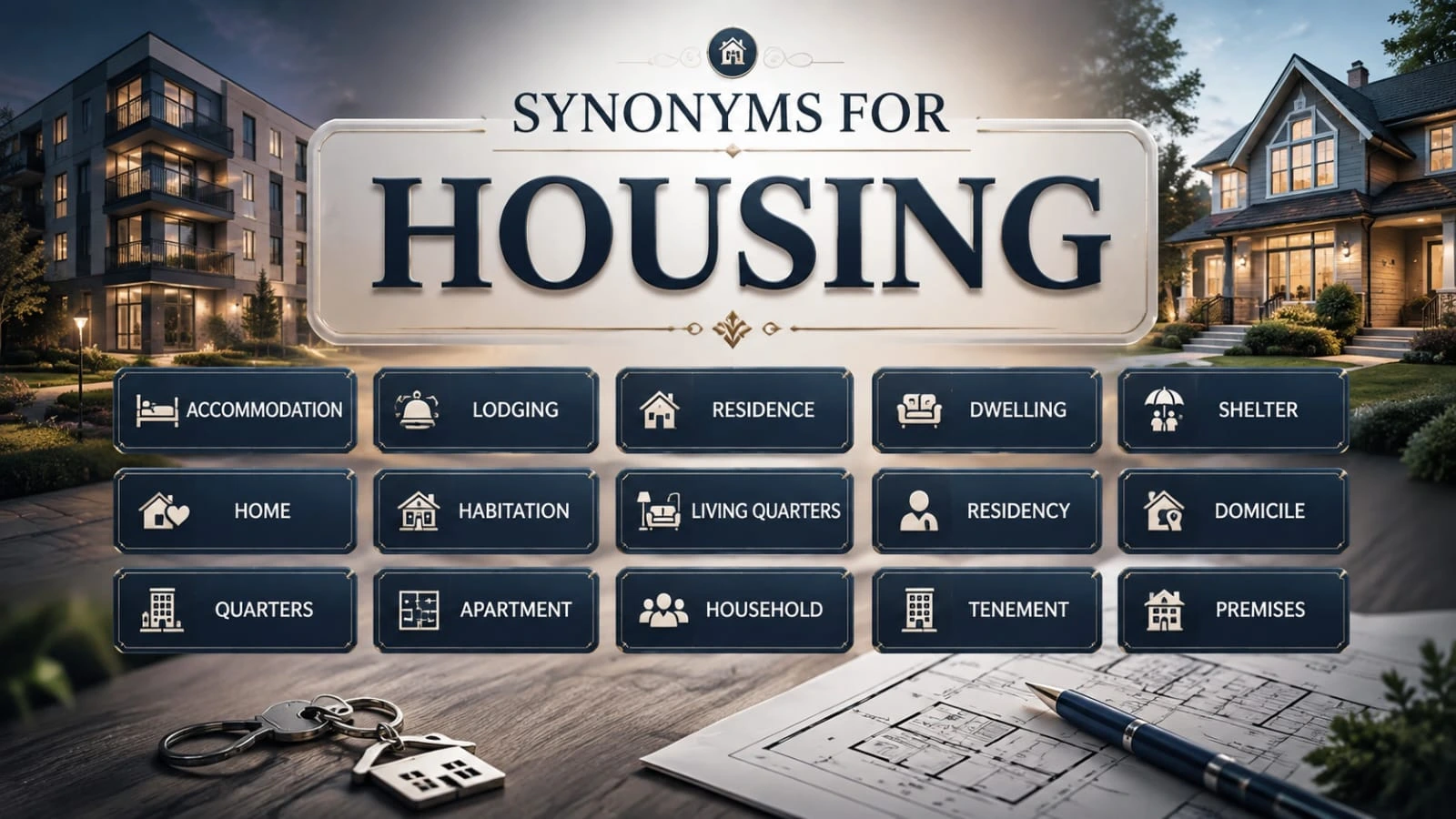 3D illustration showing housing and related words such as home, dwelling, accommodation, residence, and shelter.