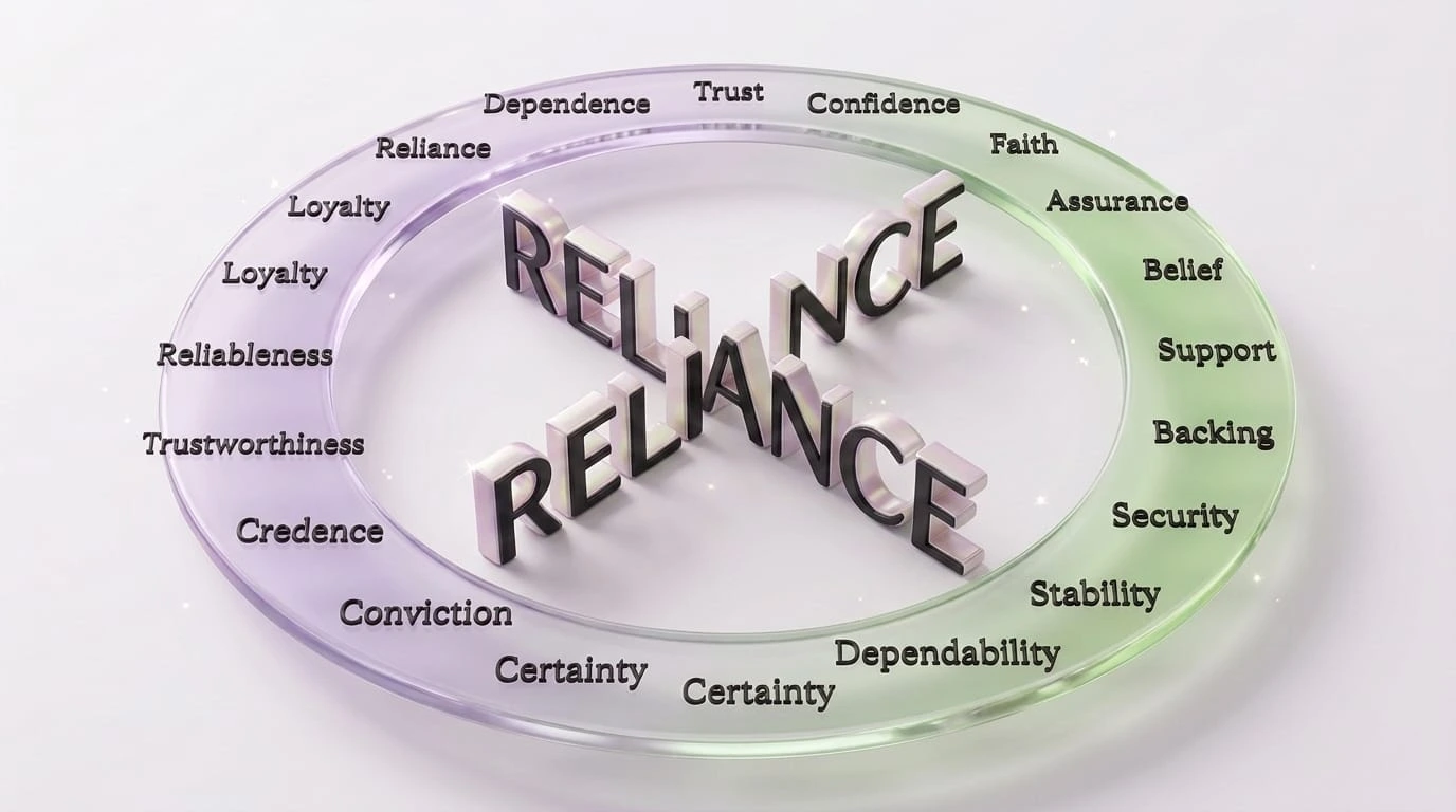 Synonyms for reliance infographic showing 10 useful alternatives such as dependence, trust, confidence, support, and assistance.