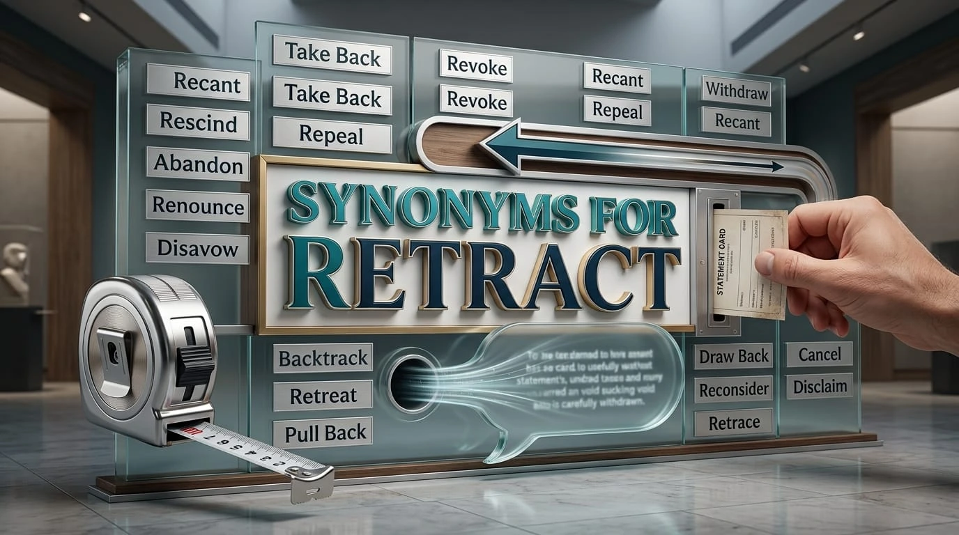Educational comparison showing retract with synonyms such as withdraw, recant, revoke, rescind, reverse, and pull back.