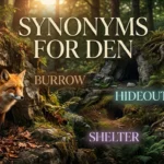 Synonyms for den with useful alternatives such as lair, burrow, hideout, shelter, cave, and hideaway