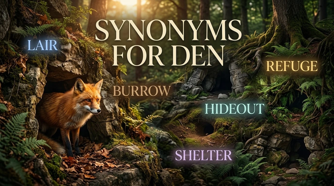 Synonyms for den with useful alternatives such as lair, burrow, hideout, shelter, cave, and hideaway