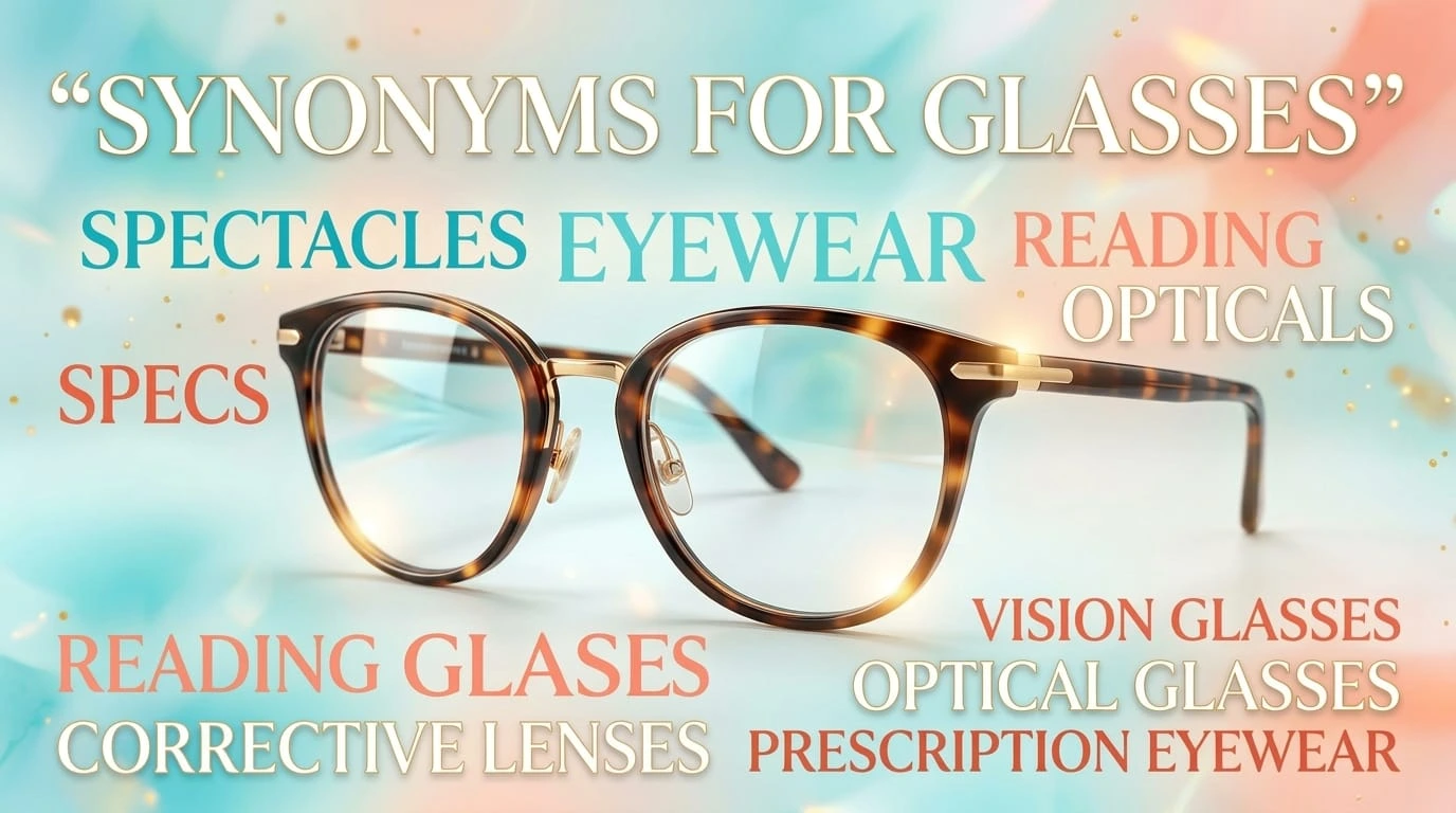 Synonyms for glasses with eyeglasses, spectacles, eyewear, lenses, and other useful alternatives.