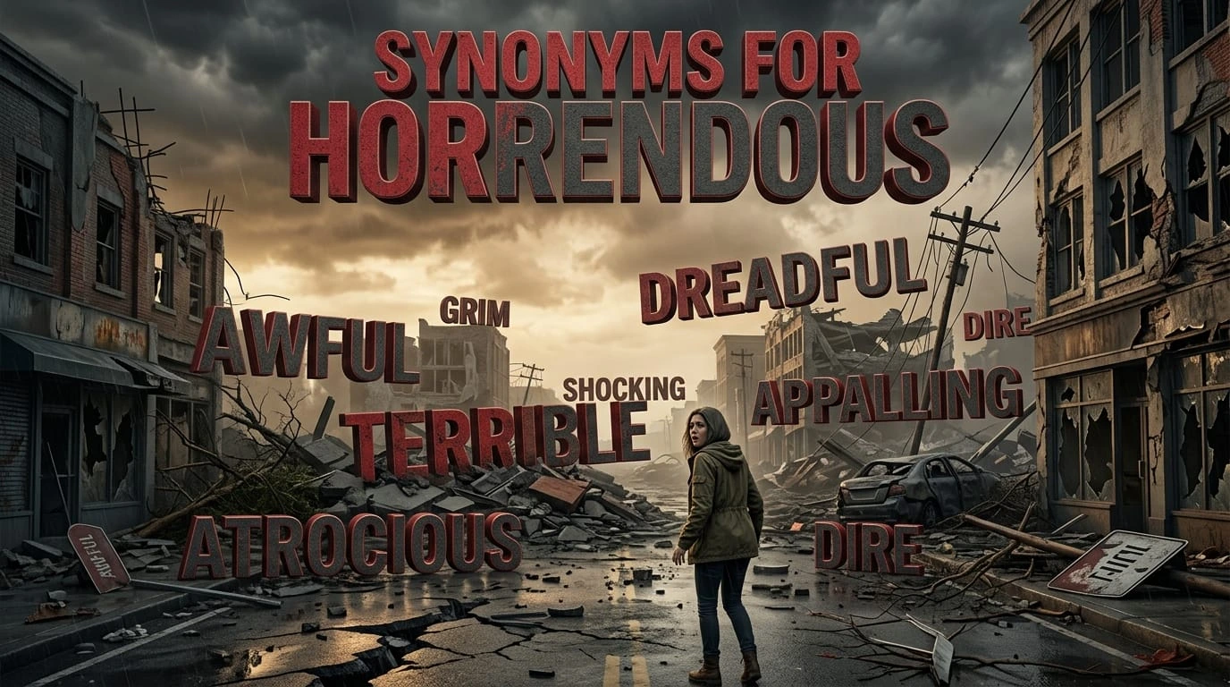 Synonyms for horrendous showing powerful alternatives such as terrible, dreadful, awful, horrible, and appalling.