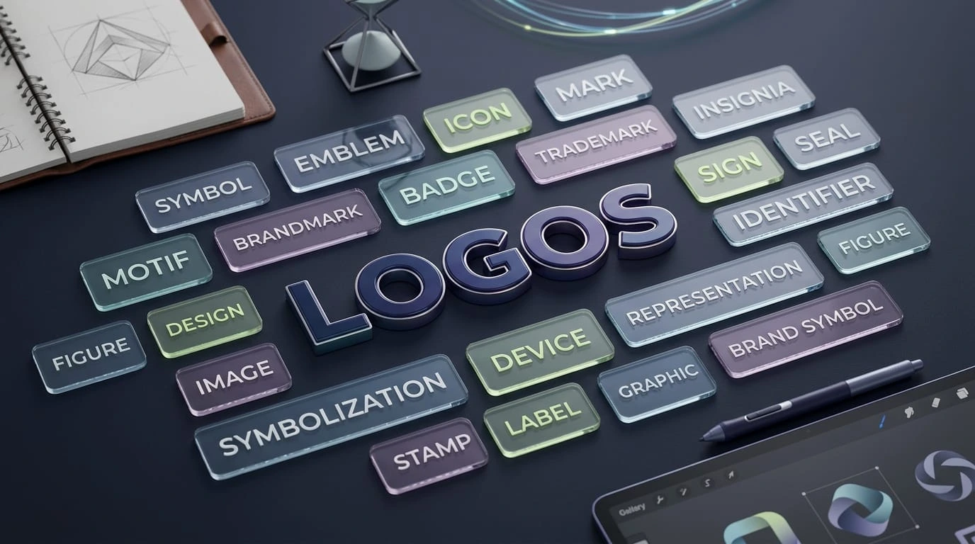 Synonyms for logos including symbols, emblems, icons, marks, insignia, and trademarks.