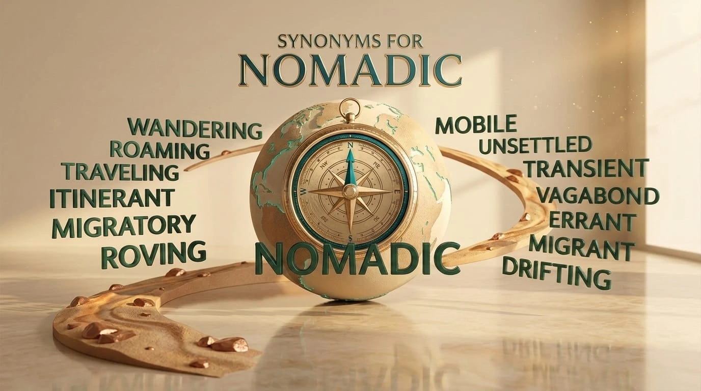 Synonyms for nomadic infographic showing wandering, roaming, itinerant, migratory, mobile, and other alternatives.