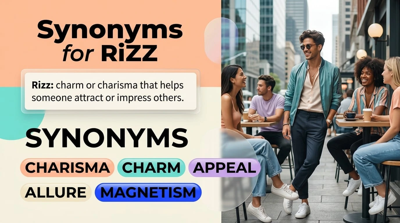 Synonyms for rizz with alternative words and phrases for charm, charisma, and romantic appeal.
