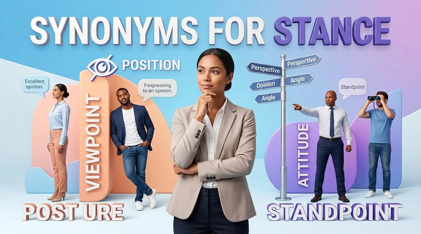 synonyms for “stance” with clear vocabulary alternatives for position, viewpoint, attitude, and perspective.