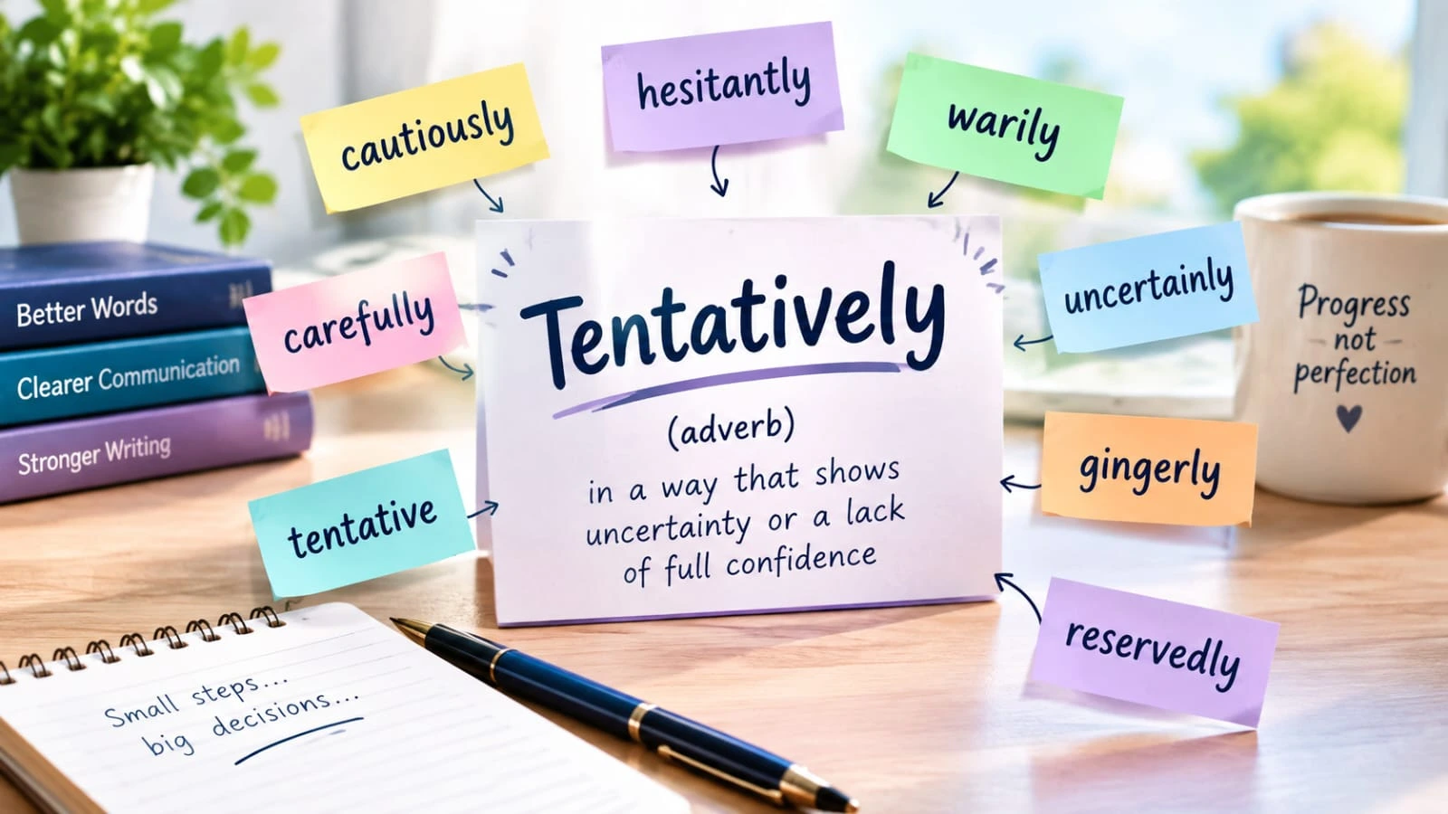 Realistic educational feature image illustrating synonyms for tentatively with a cautious and uncertain decision-making concept.