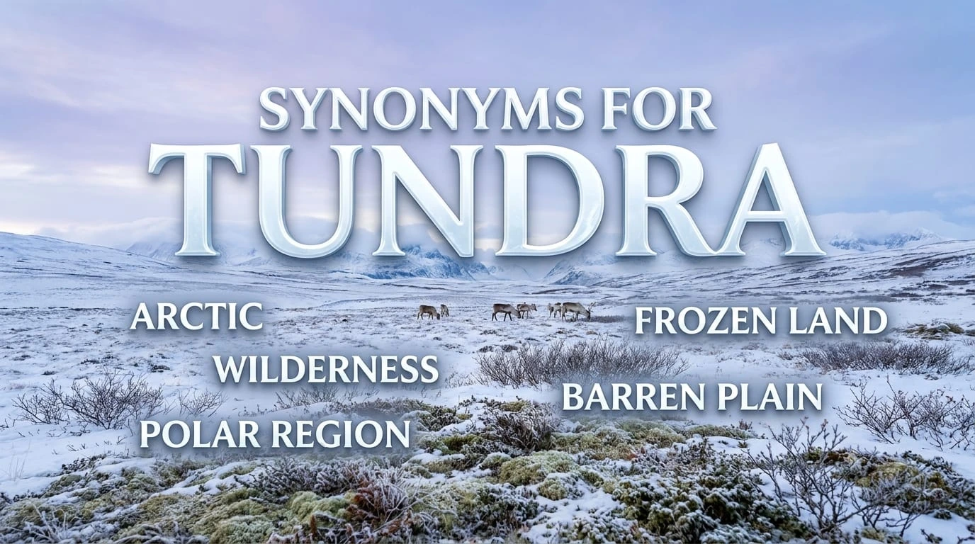 Synonyms for tundra including Arctic tundra, treeless plain, polar landscape, and alpine tundra