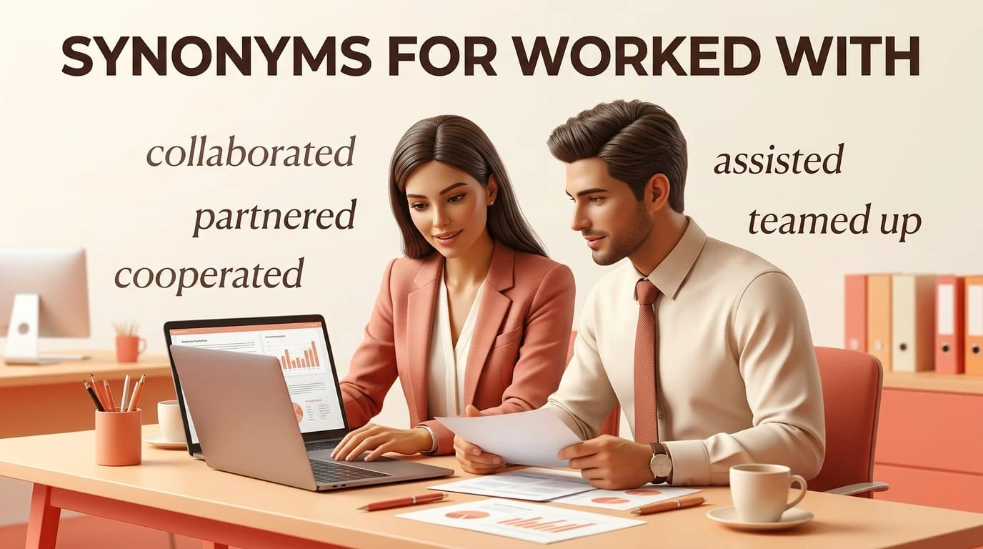 25 useful synonyms for “worked with” showing professional and everyday alternatives for collaboration and teamwork.